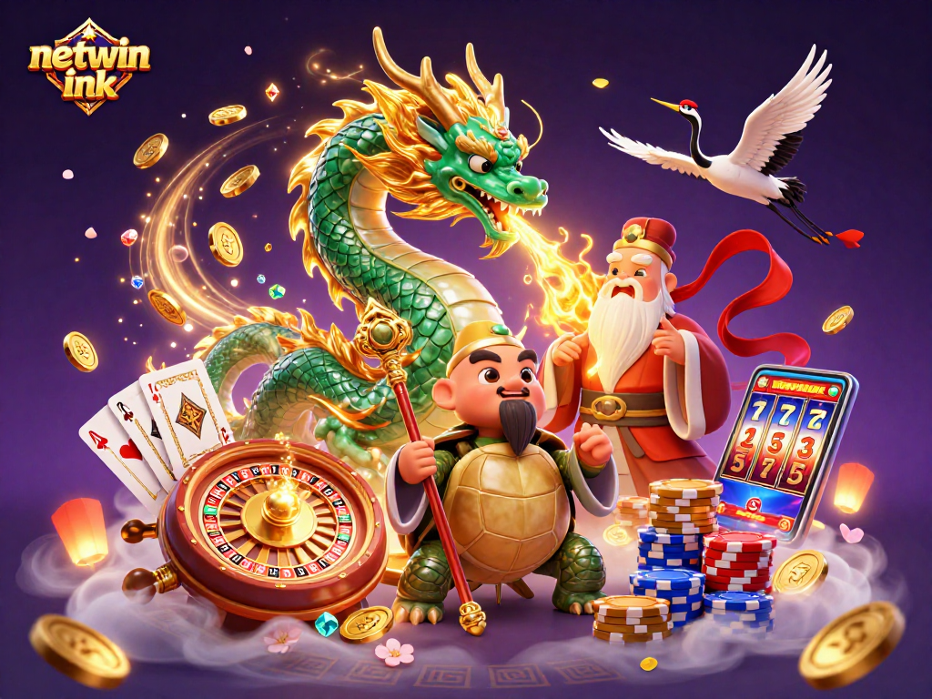 Engage in thrilling gaming excitement with netwin ink's vibrant 3D dragon and turtles amidst casino elements.