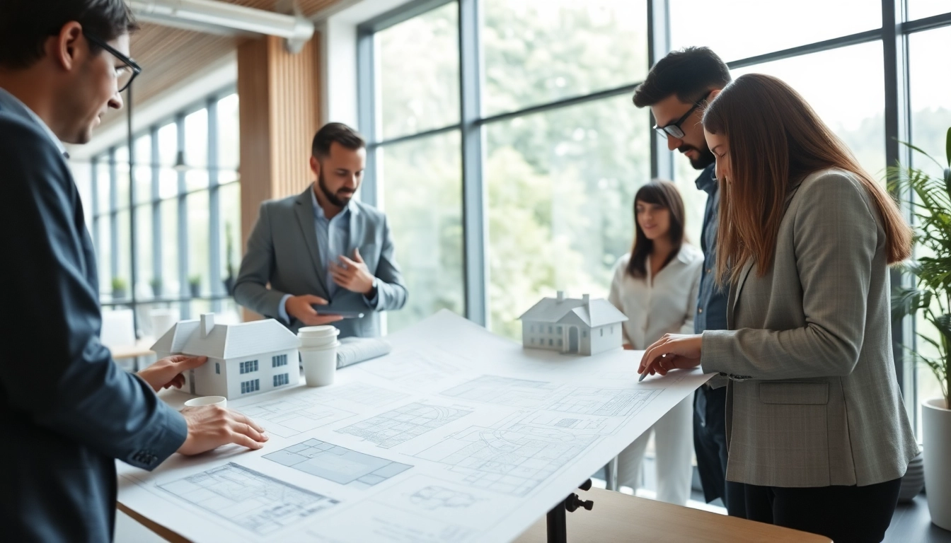 Showcasing architectural design services with architects collaborating on innovative building plans.