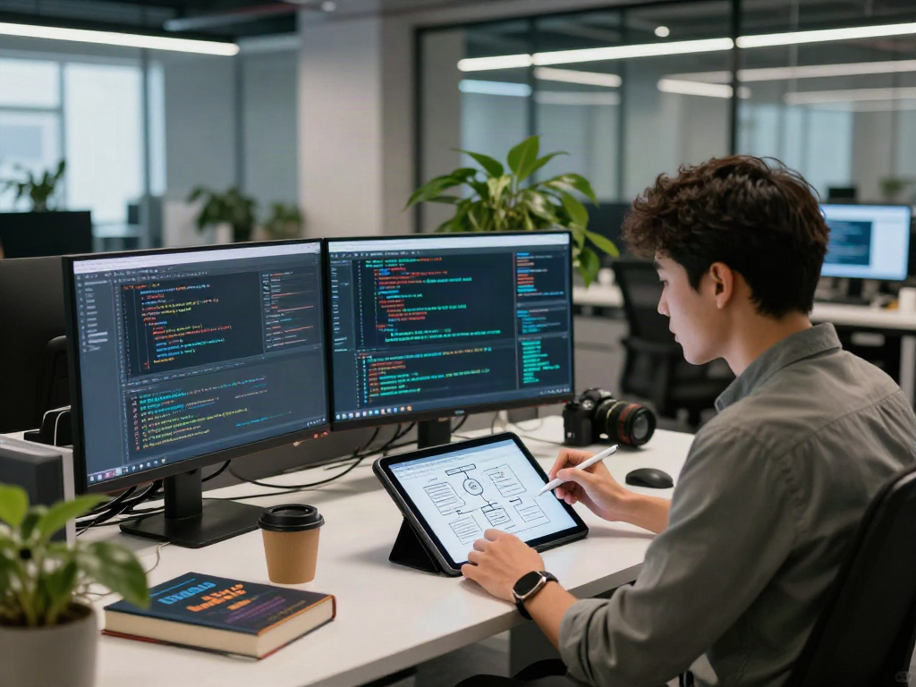 Document fraud detection analysis in a modern tech workspace with multiple monitors.