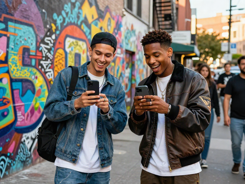Two individuals resembling celebrities joyful comparing photos of their look-alikes against a colorful urban backdrop.