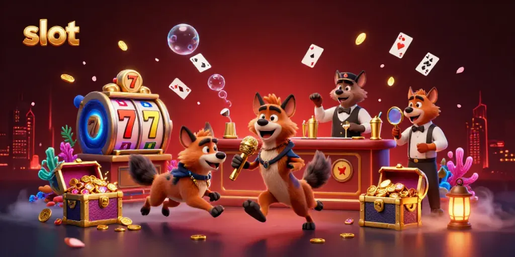 Humorous hyenas in a dynamic casino scene, depicting engaging slots action with vivid visuals.