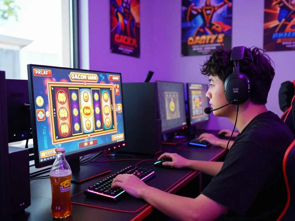 Player enjoying slot gacor hari ini session at colorful gaming station with vibrant graphics and immersive atmosphere.