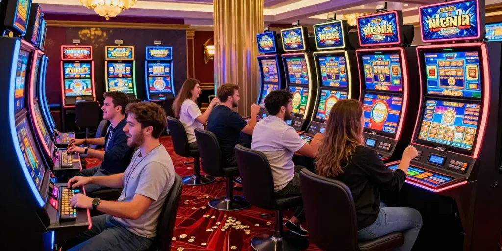 Exciting scene of players at a vibrant สล็อต casino celebrating wins amidst dazzling lights.