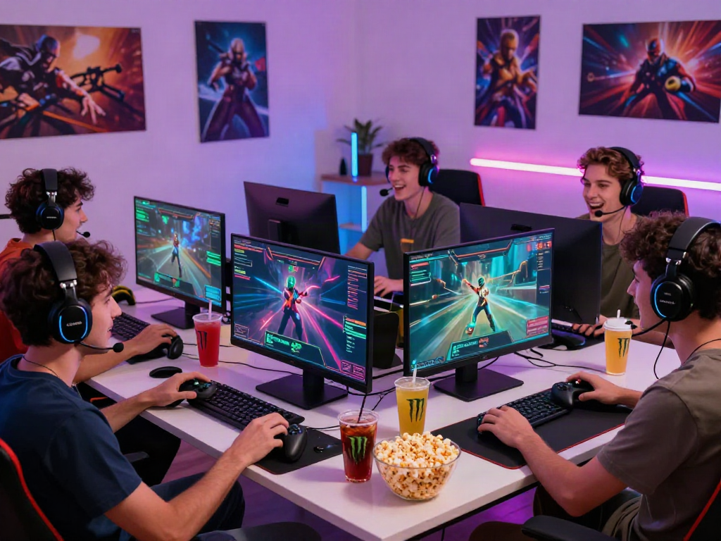 Engaged gamers enjoying ahha4d multiplayer session with snacks and vibrant lighting
