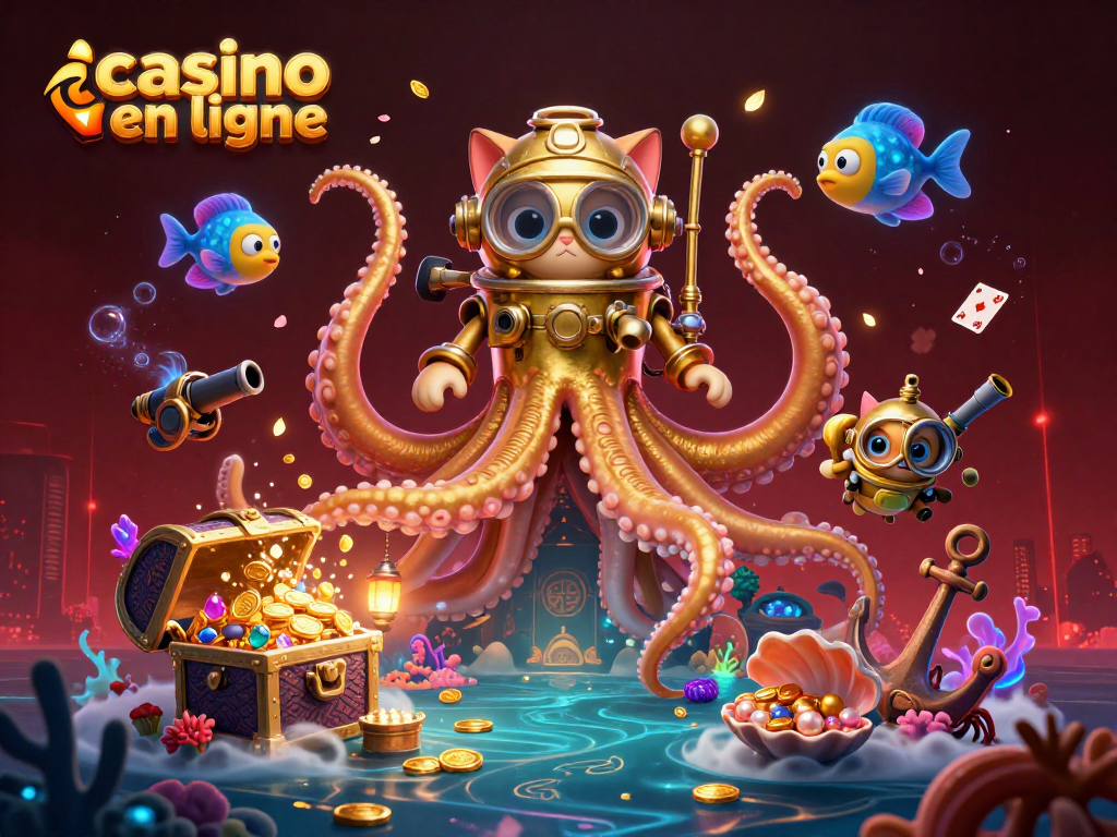 Profitez d'une aventure immersive dans un casino en ligne avec un kraken et un chat plongeur.