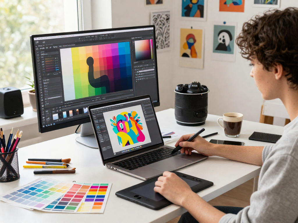 Designer using the paint-bucket tool in an image editing software at a vibrant creative workspace.