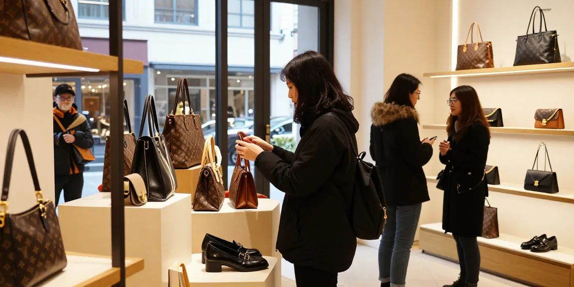 Exploring quality 레플리카 사이트 replicas in an urban shopping environment, showcasing elegant handbags and accessories.