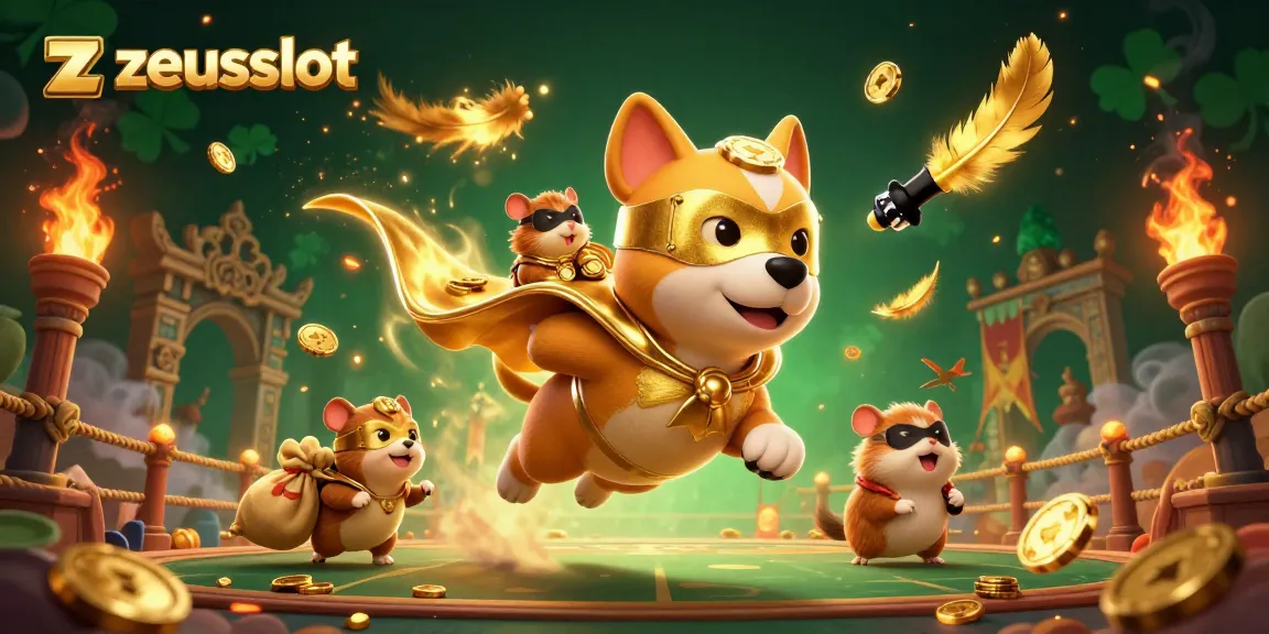 Engage in zeusslot adventures with a superhero dog and hamster amidst golden casino elements.