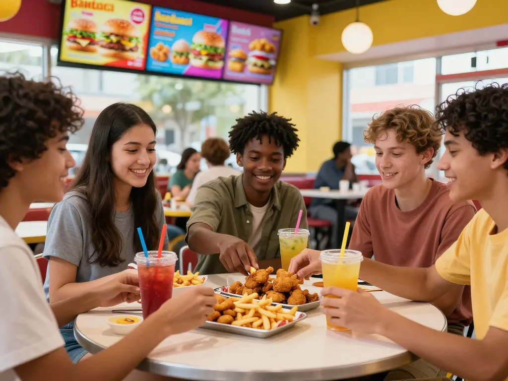 Friends enjoying a fast food menu feast in a vibrant restaurant atmosphere.