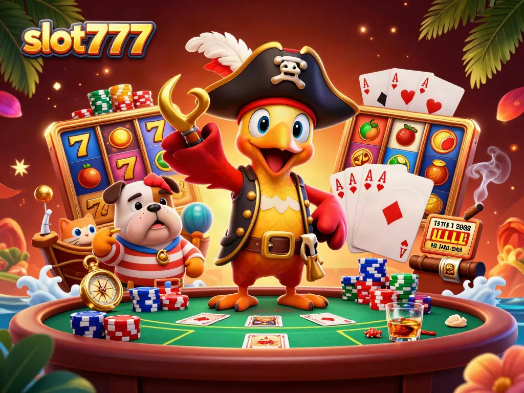 Permainan slot777 yang penuh warna dengan simbol slot dan jackpot, bersama karakter kartun di kasino.