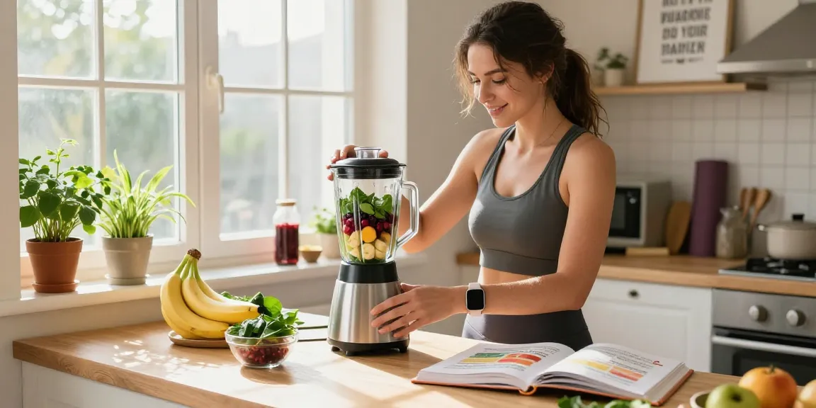 Health tips in action as a woman prepares a nutritious smoothie in a bright kitchen setting.