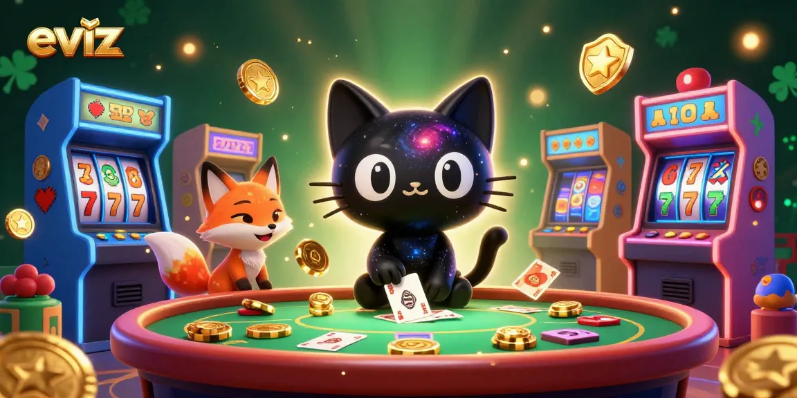 eviz engaging players with cosmic gaming charm at a vibrant casino table filled with colorful elements