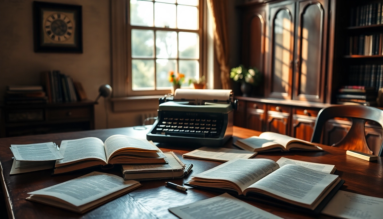 Author's workspace with notebooks and a vintage typewriter reflecting creativity.
