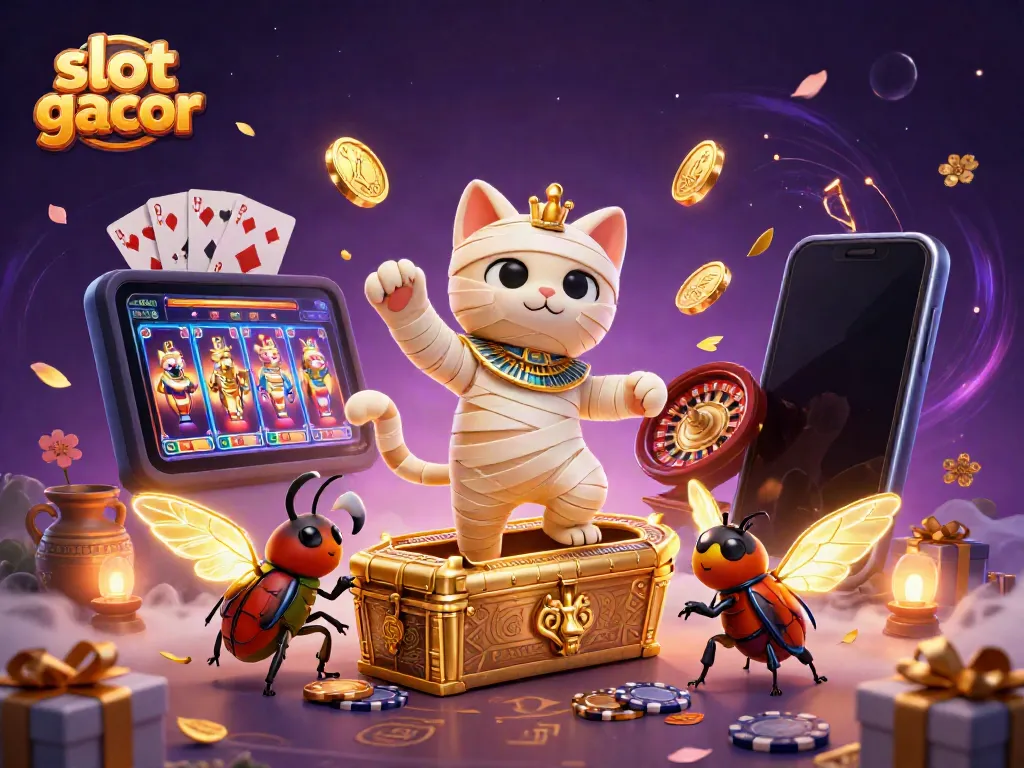 Experience thrilling slot gacor action with an Egyptian mummy cat and treasures in a dynamic casino scene.