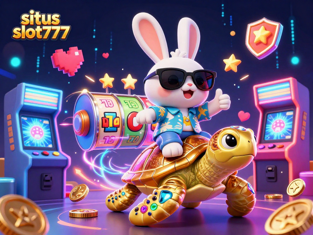 Play and win at situs slot777, featuring vibrant 3D characters and slot elements for an exciting gaming experience.