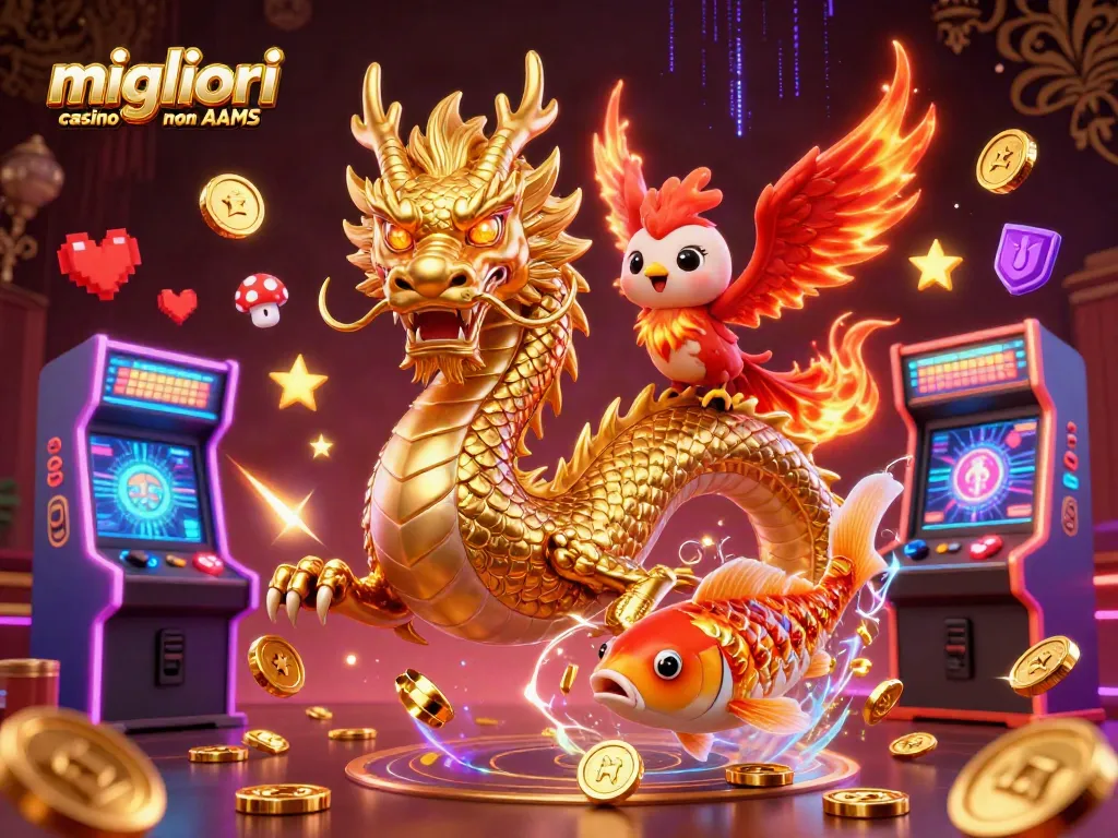 Illustrazione dei migliori casino non AAMS con un drago dorato e un pesce fortunato che sprizzano energia.