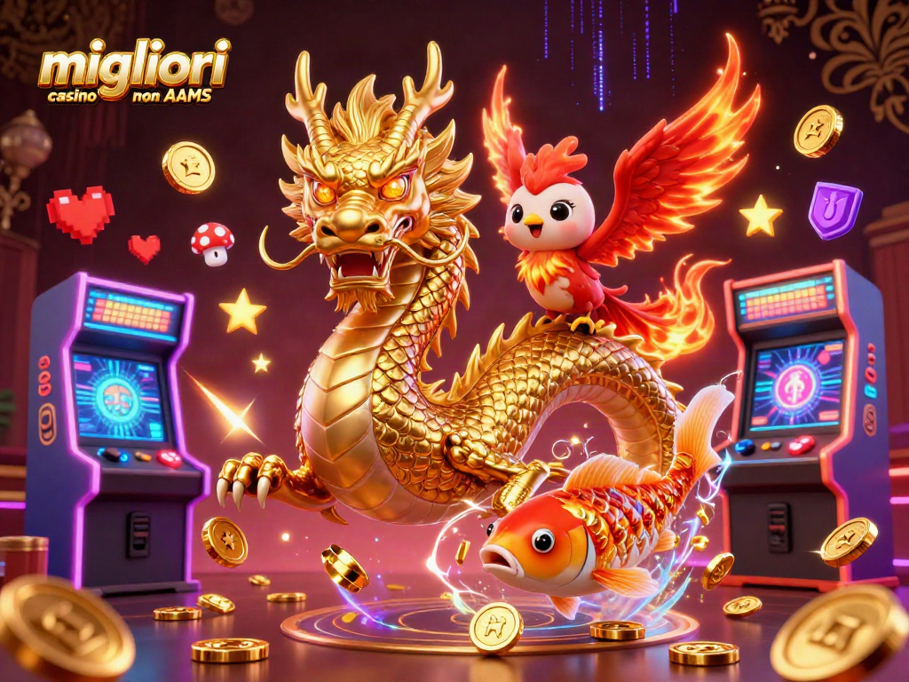 Illustrazione dei migliori casino non AAMS con un drago dorato e un pesce fortunato che sprizzano energia.