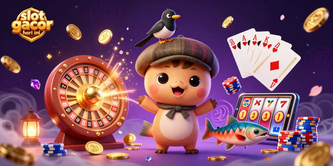 Engage in slot gacor hari ini with a vibrant scene featuring cute characters, cascading coins, and rich gambling elements.
