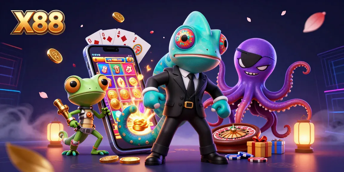 X88 engages players with colorful slot games and high-stakes excitement in a dynamic casino illustration.