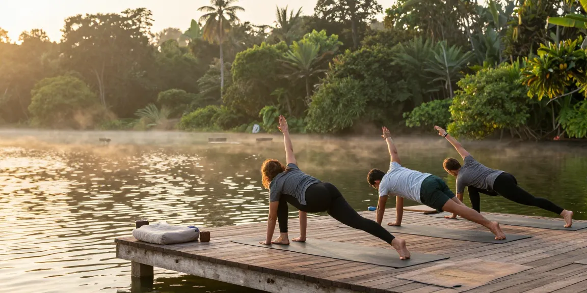 Practicing yoga teacher training sri lanka at sunrise by Koggala Lake