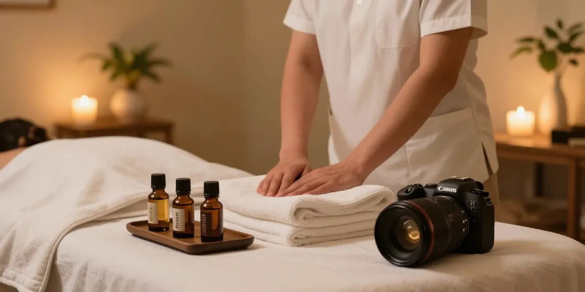 Massage therapist preparing a serene treatment room with soothing oils and calming plants.
