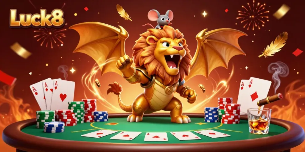 Luck8 features a dynamic 3D chimera creature atop a poker table surrounded by chips and cards.