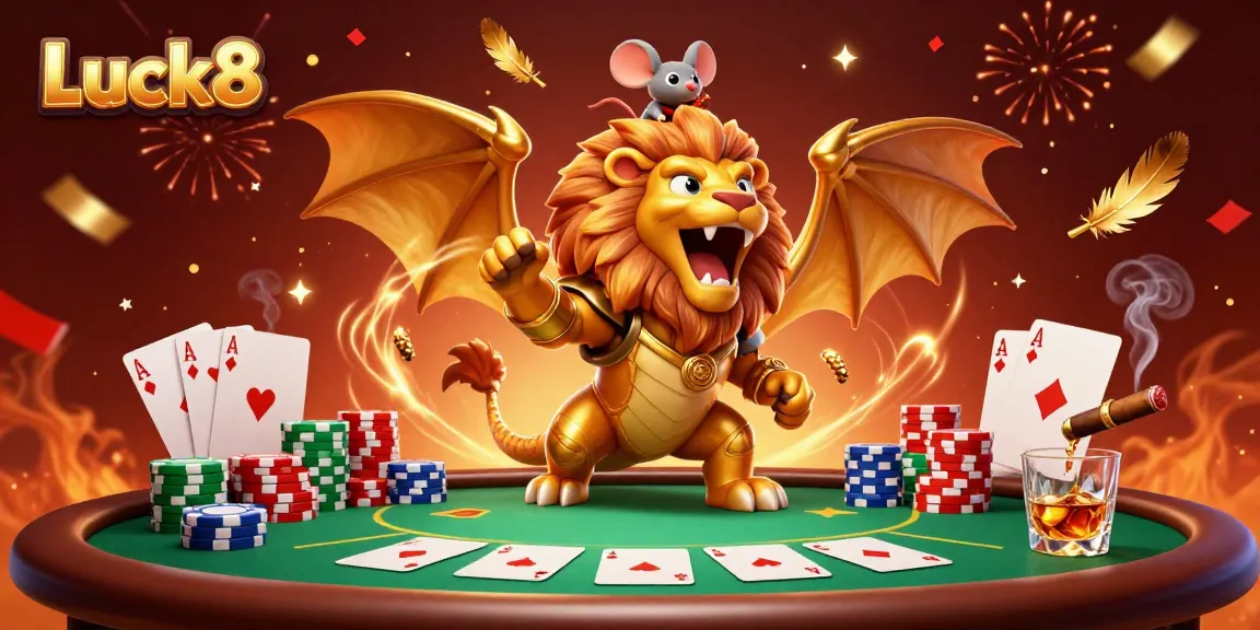 Luck8 features a dynamic 3D chimera creature atop a poker table surrounded by chips and cards.