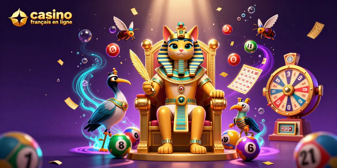 Plongez dans le monde du casino français en ligne avec des sphères colorées et un chat pharaon.