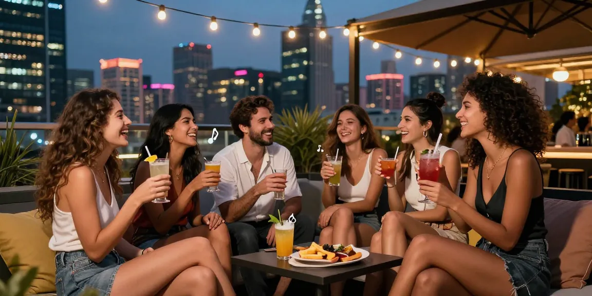 Friends enjoying nightlife at a rooftop bar with trendy outfits, cocktails, and the vibrant skyline representing rokok88.
