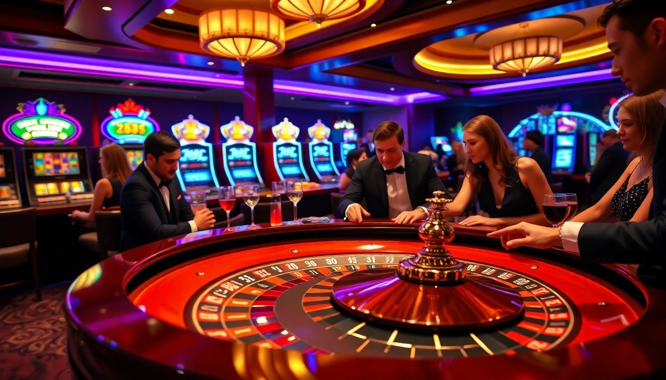 Suasana kasino yang menarik di jmacdonaldphoto.com yang menampilkan pemain di roulette dan mesin slot.