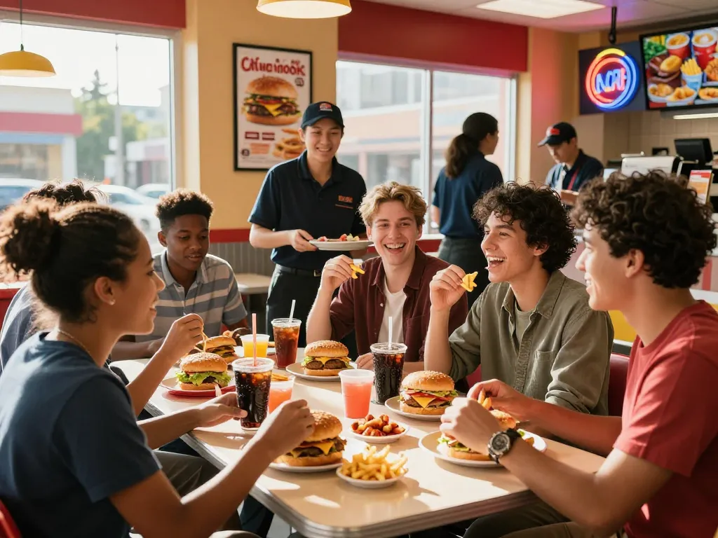 A diverse group enjoying a fast food menu with burgers, fries, and drinks in a vibrant restaurant setting.