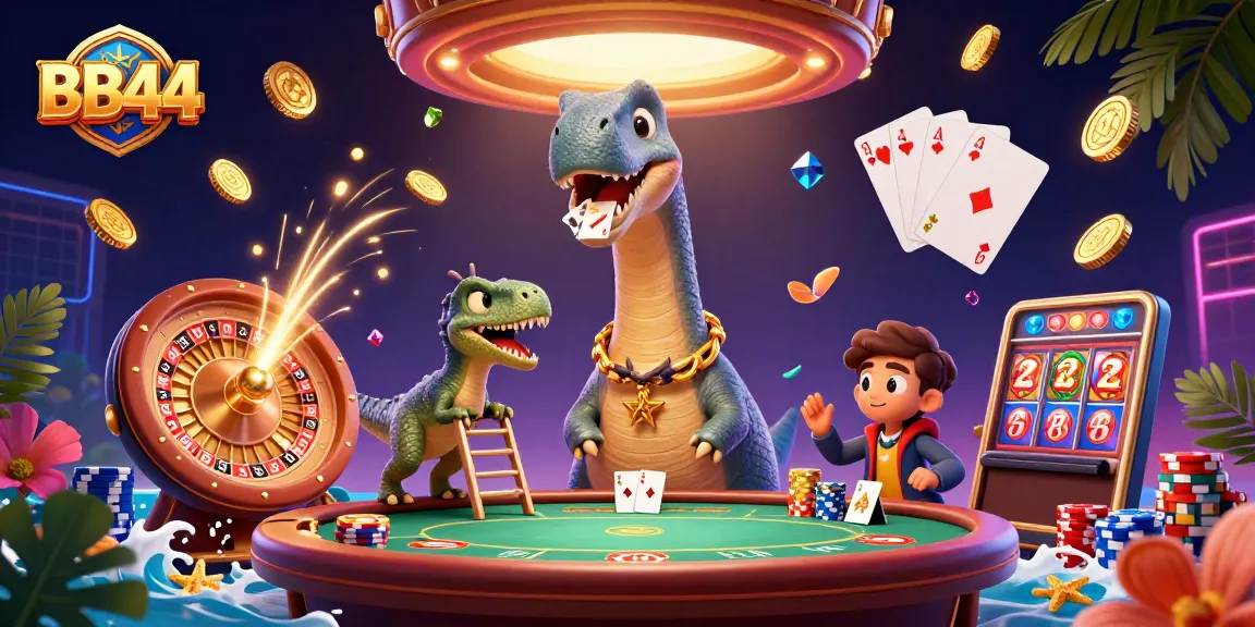 Experience thrilling gameplay at BB44 with a playful brontosaurus and a raptor dealer surrounded by casino delights.