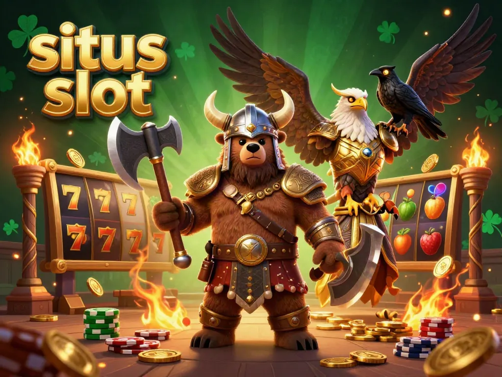 Engage with situs slot through an exhilarating scene of a Viking berserker and Valkyrie eagle amidst slot elements.