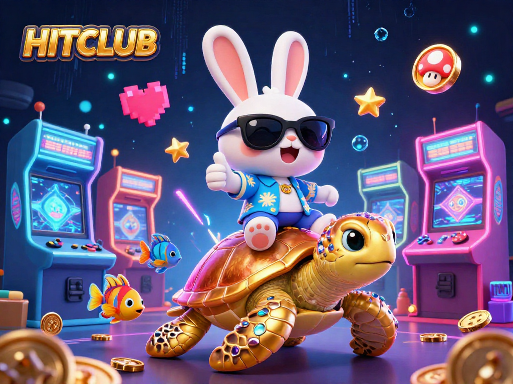 HITCLUB showcases a lucky rabbit and turtle in a vibrant casino-themed 3D scene.