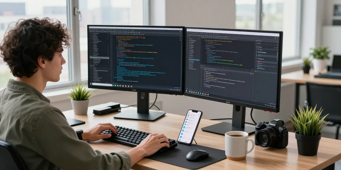Workspace showcasing the Telegram中文版下载 experience with developer at dual monitors.
