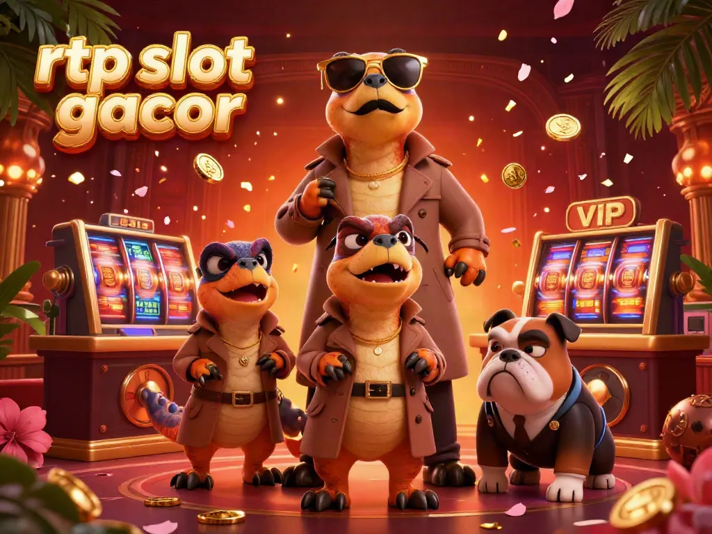 RTP slot gacor menampilkan tiga raptor dalam jas trench memasuki lounge VIP kasino dengan elemen keberuntungan.