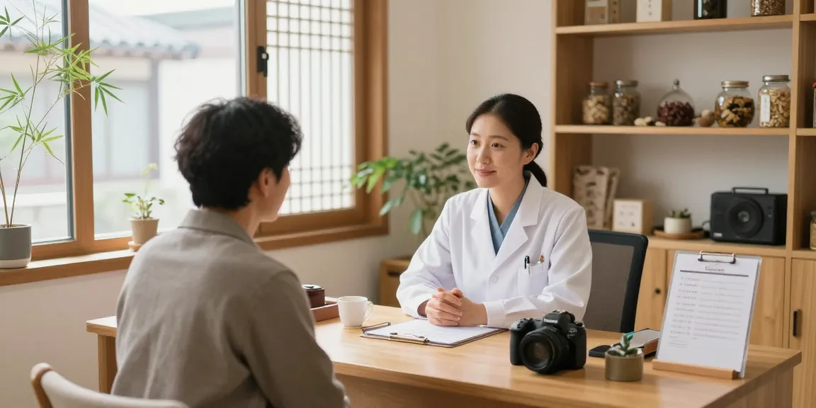 Consultation at 수원한의원 with a caring practitioner in a modern Korean medicine clinic.