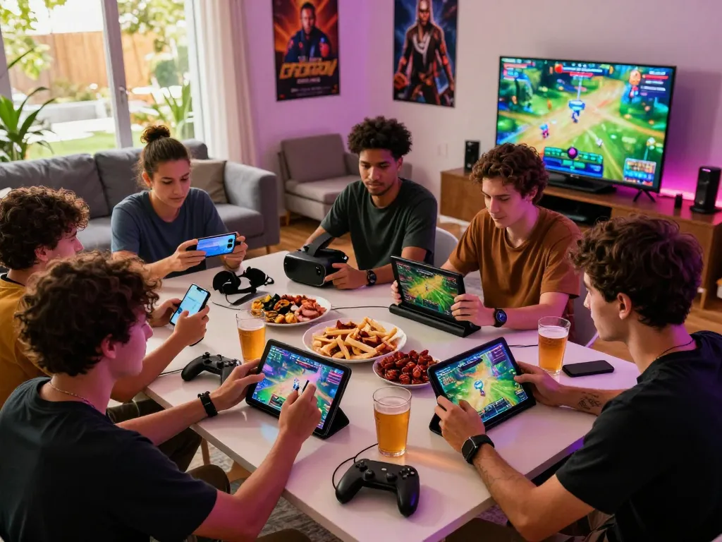 Group of friends playing Go88 online games in a lively living room, showcasing social interaction and excitement.