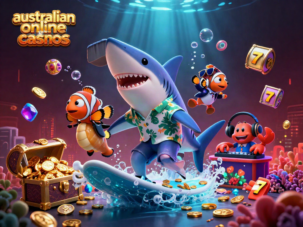 Experience excitement with australian online casinos, where a cartoon shark surfs gold coins and slot reels