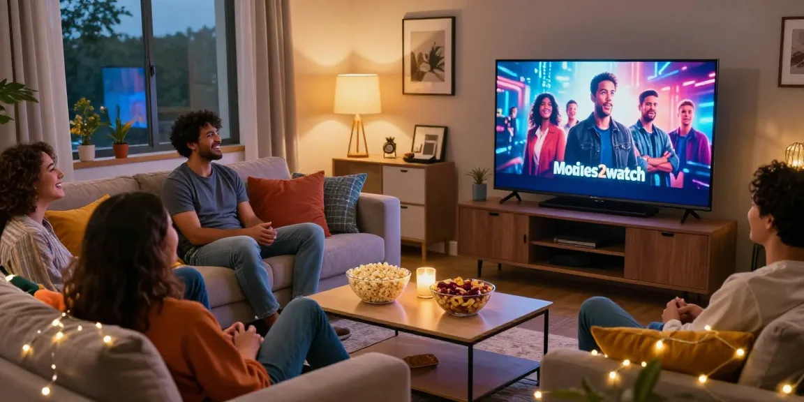 Friends enjoying a movie night with Movies2watch in a cozy living room setting.