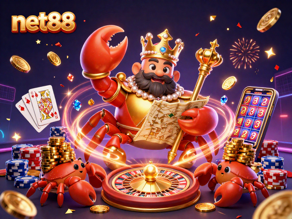 Engage with net88's vibrant casino scene featuring a golden crab emperor and classic games.