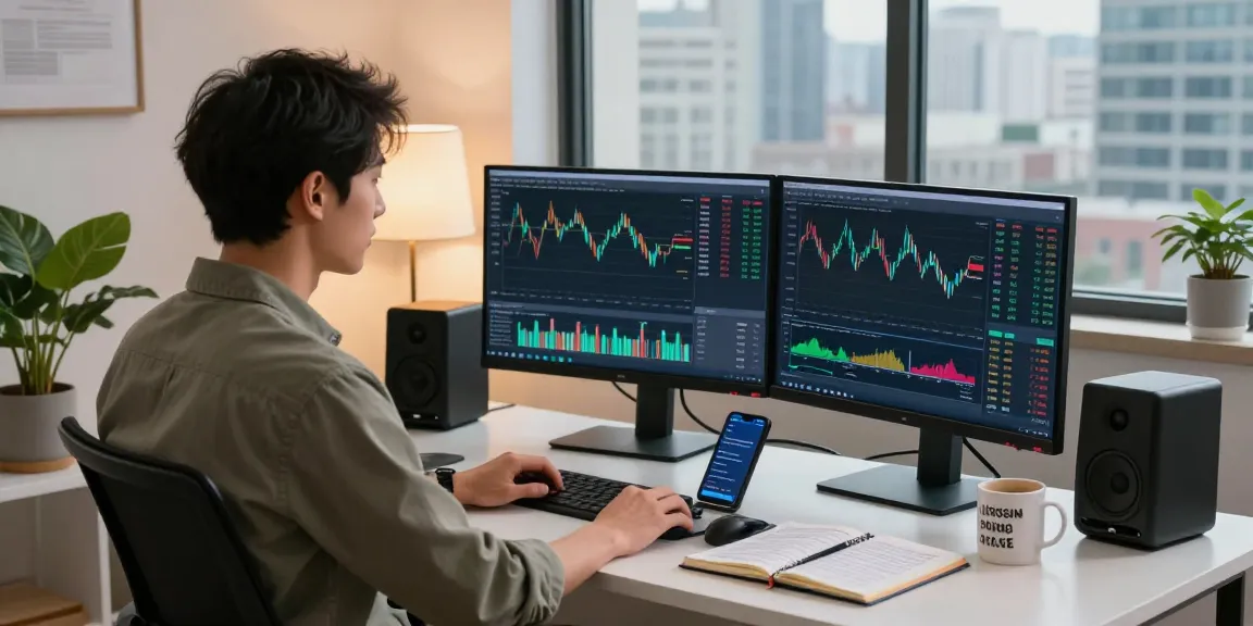 Intense trader analyzing MetaTrader 5 platform on dual monitors in a stylish home office.