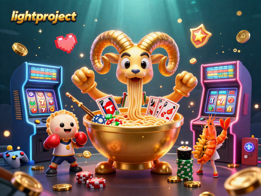 Lightproject promotes gaming excitement with a giant ramen bowl character and vibrant casino elements.