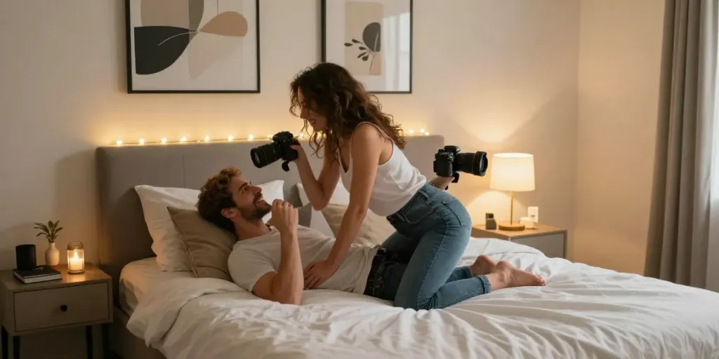 Engaging stepsis porn scene in a cozy bedroom with playful couple and ambient lighting