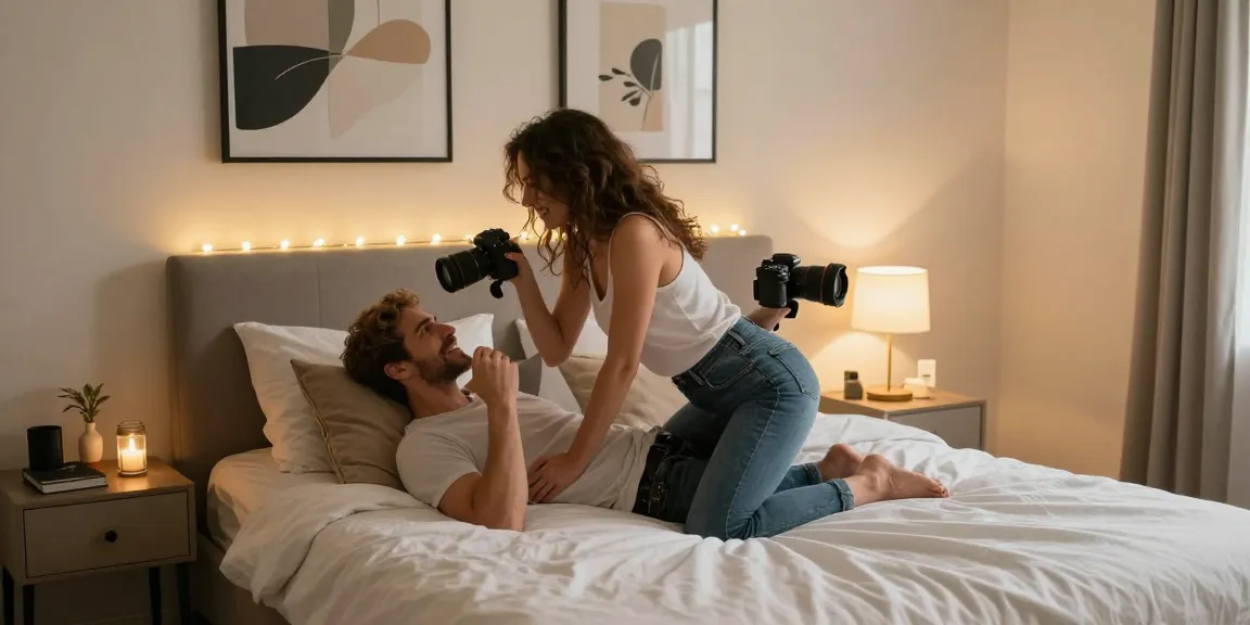 Engaging stepsis porn scene in a cozy bedroom with playful couple and ambient lighting