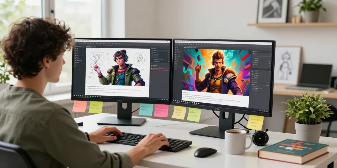 Engaging scene of a user interacting with Tavern AI in a creative workspace, showcasing character designs and vibrant storytelling elements.