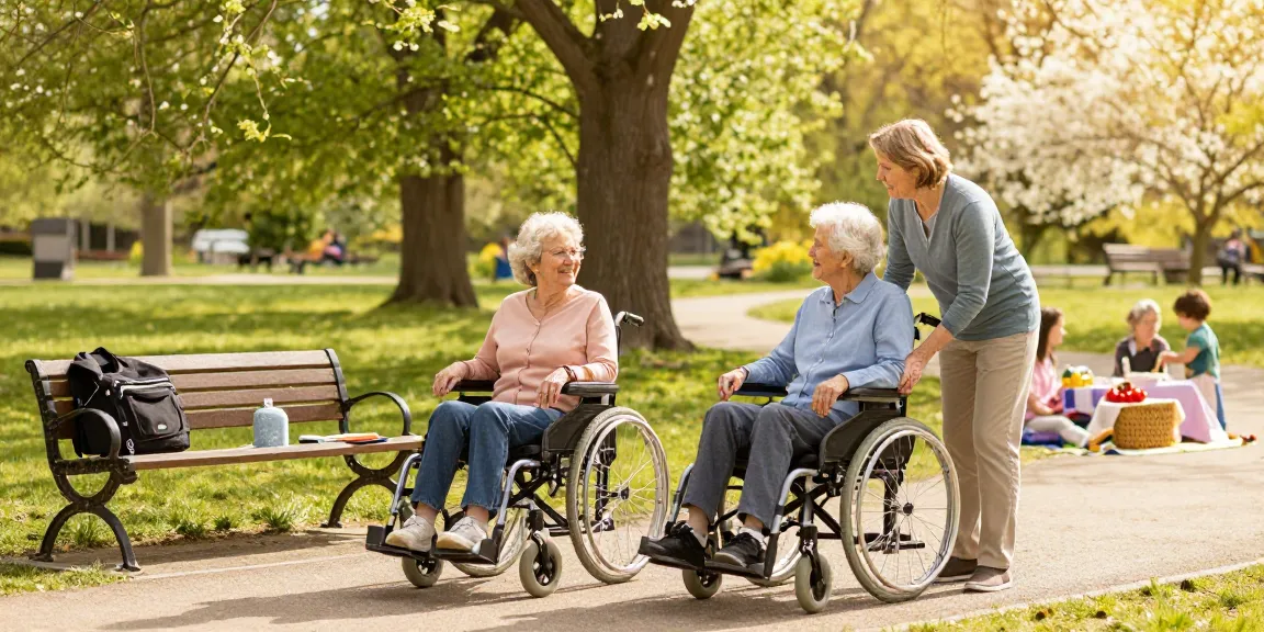 Engaging scene of 輪椅推薦 in a park, showcasing various wheelchairs enhancing mobility for seniors with supportive family interactions.