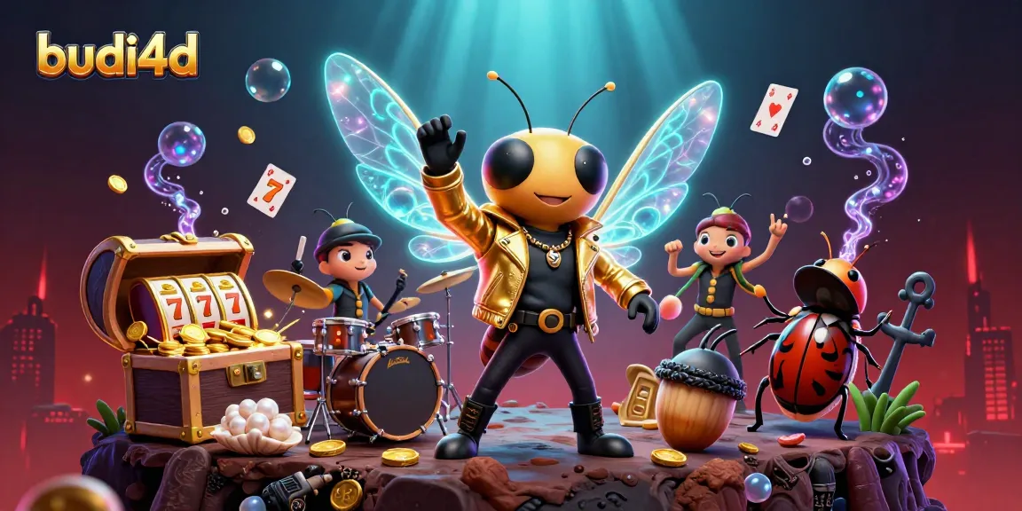Budi4d features a vibrant 3D scene blending a rock star cicada and game elements for a thrilling casino experience