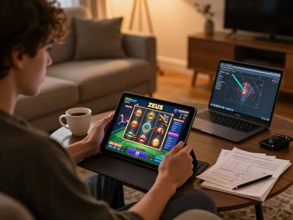Permainan yang menarik di slot zeus yang ditampilkan di tablet selama sesi permainan online di rumah.