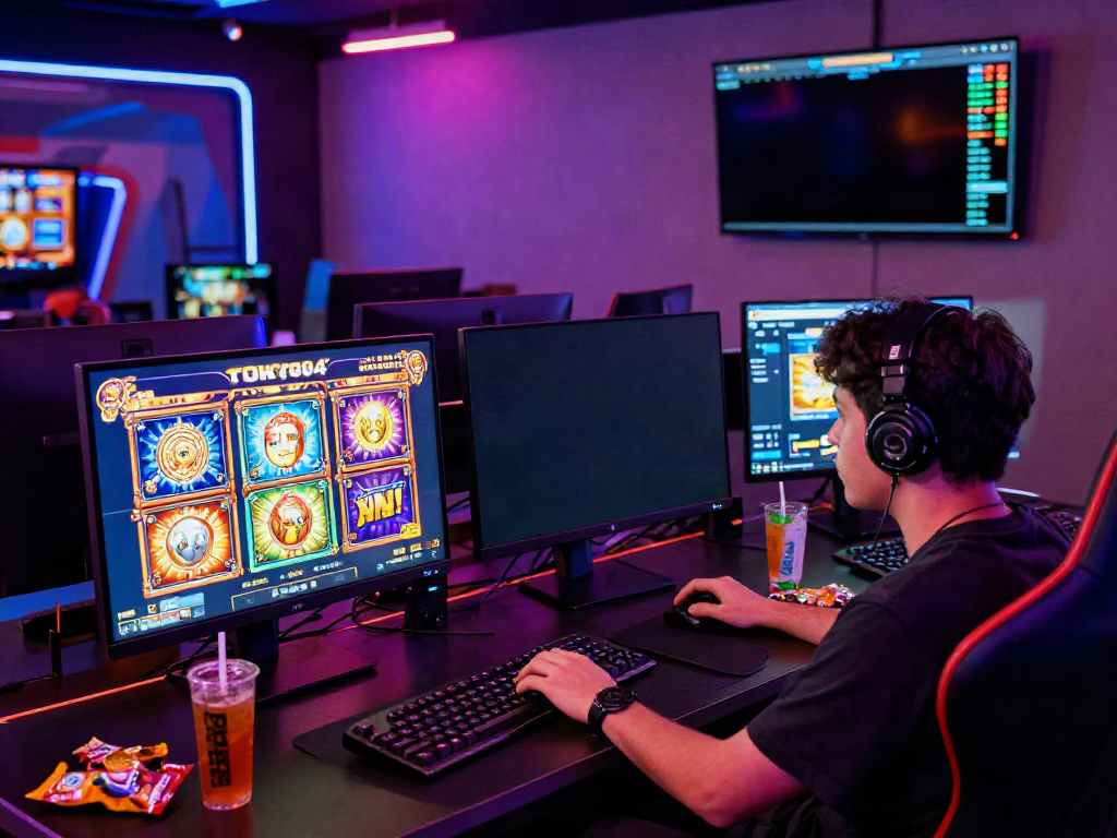 Exciting online gaming scene with a player enjoying slot Thailand games on multiple screens.